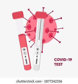 Vector illustration with Covid-19 tests. Saliva test tube and blood test tube. Coronavirus cells on background. Website, landing page template. Medicine and health concept. Covid-19 awareness. 