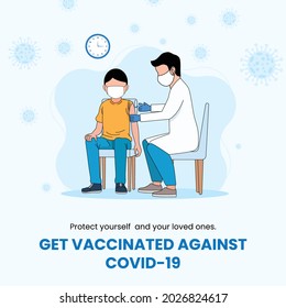 Vector illustration of Covid-19 Vaccination banner. A doctor is pushing siring to a man.