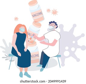 Vector illustration of COVID-19 vaccine injection. Doctor injects coronavirus vaccine to patient. receiving the first injection of the vaccine against the virus