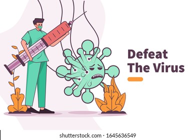 Vector Illustration Covid-19 Virus Coronavirus 2019-ncov Vaccine Development. Covid 19 Coronavirus Research Vaccine Medicene Concept. Fight Virus Concept. Syringe Injection Covid 19 Coronavirus