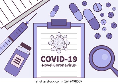 vector illustration covid-19 virus or novel coronavirus 2019-ncov research notes concept with syringe vaccine medicine drug notes. background banner poster blog website web news presentation.