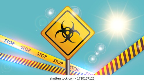 Vector illustration. Covid-19 virus warning road sign with hazard symbol and warning stop tape to indicate the danger of a coronavirus outbreak and the background of the hazard concept.