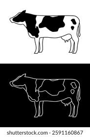 Vector illustration of a cow. Black and white cow on a white background and white line drawing cow on a black background. Simple and stylish illustration.
