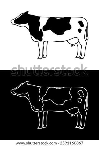 Vector illustration of a cow. Black and white cow on a white background and white line drawing cow on a black background. Simple and stylish illustration.
