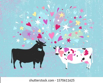 Vector illustration of a cow and a bull falling in love at first sight. Happy Valentine's day greeting card.