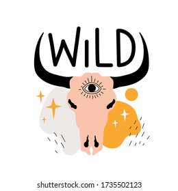 Vector illustration with cow or bull skull, stars, doodle elements and lettering word Wild. Trendy apparel print design, colored decoration typography poster
