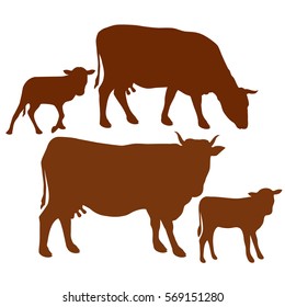  Ilustración vectorial. Aislamiento de vaca y ternera en blanco.