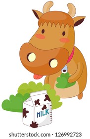 A vector illustration of a cow and a carton of milk