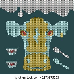 Vector Illustration Cow Face, embroidery ornament, Knitted Pattern for Ugly Sweater, with Milk, Yogurt and Spoon. Banner, postcard, print poster.