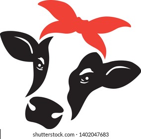 Vector Illustration Of A Cow Face And Head With Red Bandana.