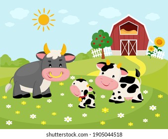 Vector illustration of cow family in cartoon style with cute lovely cow different situations.