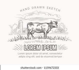 Vector illustration of cow and farmland on background. Vector. Text outlined and only for preview. 