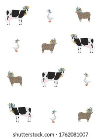 Ilustración vectorial de una vaca con flores en la cabeza, ovejas, ganso en el fondo blanco. Ilustración animal doméstica. Colección de granja