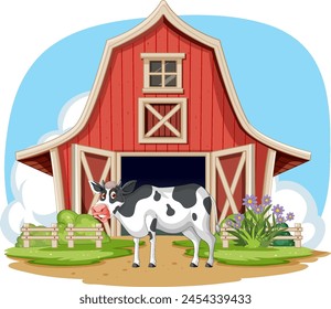 Vector illustration of a cow in front of a barn.