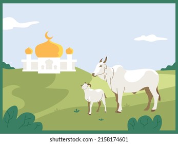 vector illustration cow and goat on green field blue sky, with mosque in background