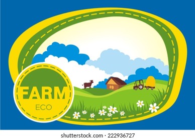 vector illustration of cow grazing in grass land with hut in background 
