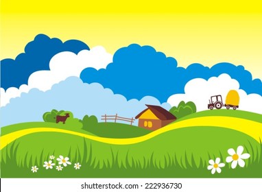 vector illustration of cow grazing in grass land with hut in background 