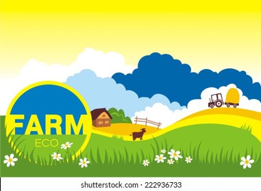 vector illustration of cow grazing in grass land with hut in background 