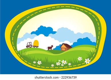 vector illustration of cow grazing in grass land with hut in background 