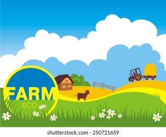 vector illustration of cow grazing in grass land with hut in background 