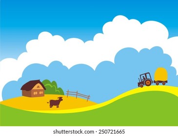 vector illustration of cow grazing in grass land with hut in background 