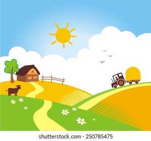 vector illustration of cow grazing in grass land with hut in background 