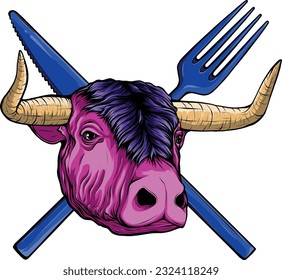 vector illustration of Cow head with cutlery on white background.