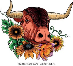 vector illustration of cow head with flower