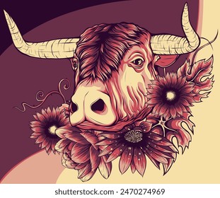 vector illustration of cow head with flower