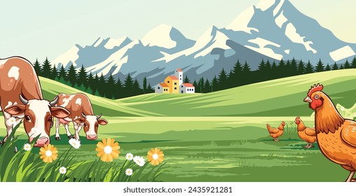 vector illustration of cow and hen on farm with plantation background	