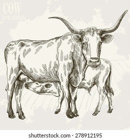 vector illustration of a cow and her little calf