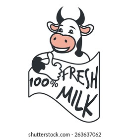 Vector illustration with a cow holding thumbs up - fresh milk. Good for labels, logos, emblems or stickers for milk products