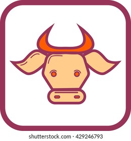 vector illustration of a cow with horns line icon colored