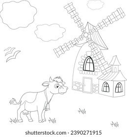 Vector illustration - Cow, house, mill. Decoration. For printing