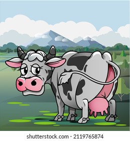 Vector illustration, A cow in a meadow with a mountain background.