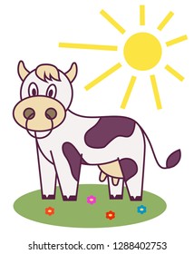 vector illustration of a cow in the meadow and the sun is shining. cheerful character.