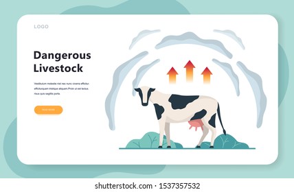 Vector Illustration Of A Cow As A Natural Sources Of Pollution. Dangerous Livestock From Cows. Methane Pollution, Eco Problem.