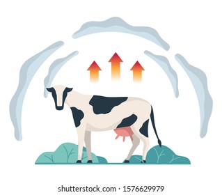 Vector Illustration Of A Cow As A Natural Sources Of Pollution. Dangerous Livestock From Cows. Methane Pollution, Eco Problem.