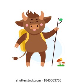 Vector illustration of cow, ox or bull hiking with back pack around mushrooms and grass in forest. Year of bull 2021 concept. Summer holidays, hiking concept