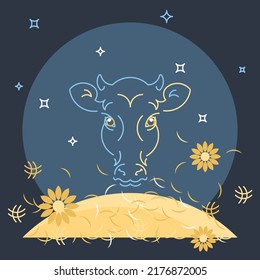 Vector Illustration Of A Cow In A Paddock Chewing Hay On A Starry Evening. Linear Silhouette Of Artiodactyla Animal