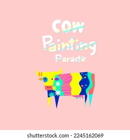 Vector illustration of the cow parade isolated on pink background. The cow painting festival