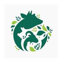 Vector Illustration With Cow, Pig, Goat And Chicken.  Livestock Pattern With Farm Animals And Leaves. Green Logo For Agricultural Company
