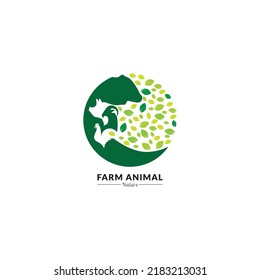 Vector illustration with cow, pig, goat and chicken. Livestock pattern with farm animals and leaves. Green logo for agricultural company.