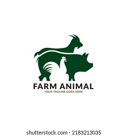 Vector illustration with cow, pig, goat and chicken. Livestock pattern with farm animals and leaves. Green logo for agricultural company.