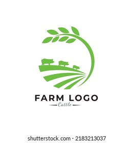 Vector illustration with cow, pig, goat and chicken. Livestock pattern with farm animals and leaves. Green logo for agricultural company.