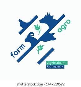 Vector Illustration With Cow, Pig, Ram, Chicken. Identity For Agricultural Company. Design Elements With Farm Animals For Livestock Company,stock Raising. Template For Banners, Prints,branding, Advert