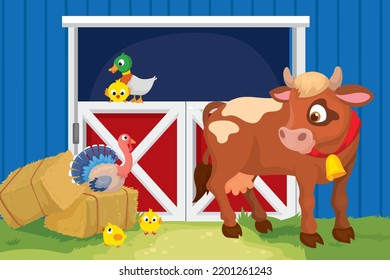 Vector illustration of cow with pitchfork and watering can near animal house