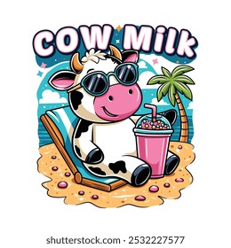 vector illustration of a cow relaxing and holding a drink