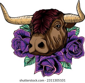 ilustración vectorial de vaca y rosas sobre fondo blanco.