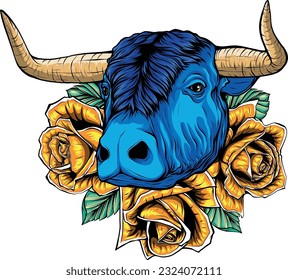 ilustración vectorial de vaca y rosas sobre fondo blanco.